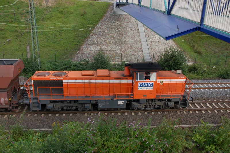 Ruhrpott Sprinter RAG 802 (RBH), Typ Mak G 1206, in Bottrop unterwegs mit einem Kohlenwagenzug am 15.08.2007.