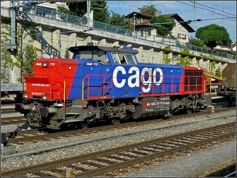 SBB Cargo Diesellok Am 843 071-2 stellt am 31.07.08 einen Gterzug im Bahnhof von Spiez zusammen. (Hans)