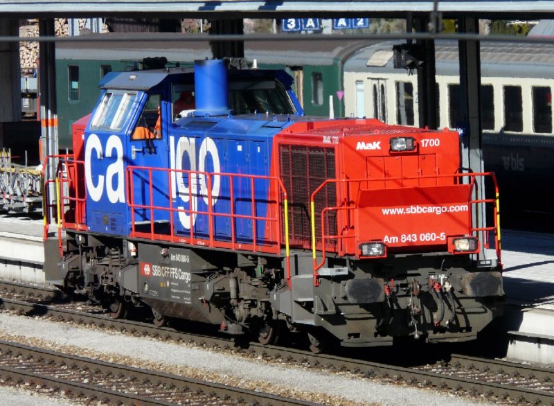 SBB Cargo - Diesellopk Am 843 060-5 im Bahnhof von Spiez am 08.02.2008