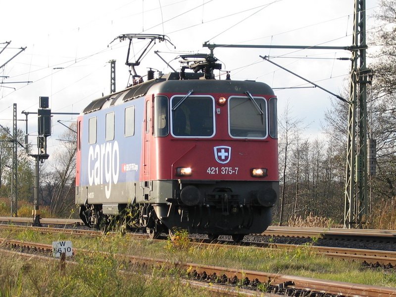 SBB cargo steht mit der 421 375-7 in Pritzier um einem ICE freie Fahrt zu geben. 11.11.2008