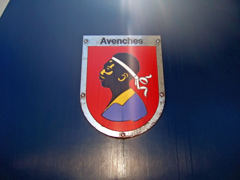 SBB: Ein sehr spezielles Wappen trgt der RBDe 560 033  Avenches . Der Triebwagen war am 20.5.09 auf der S26 Rotkreuz-Aarau eingeteilt.