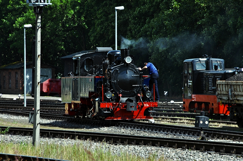 Schlepptenderlok  Aquarius C. 
wird nach dem Kurzeinsatz zur Lauterbacher Mole im Bf Putbus bemuttelt, 16.07.09
