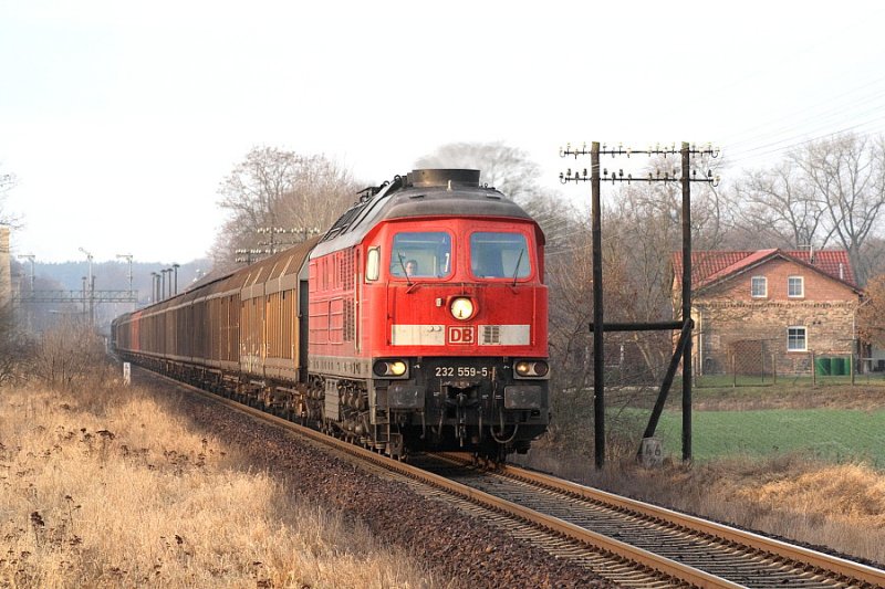 Schon lngere Zeit z-gestellt ist 232 559. Am 12.1.2008 hingegen war sie mit 45433 noch auf der herrlichen Ostbahn unterwegs, hier kurz hinter dem Bf. Mncheberg(Mark). 