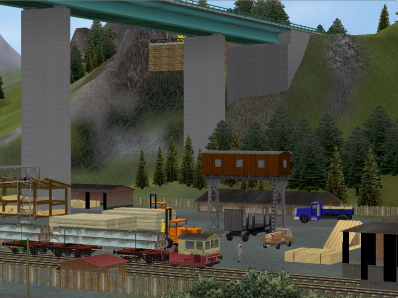 Screenshot aus der Modelleisenbahn-Simulation Eisenbahn.exe professionell (EEP): Ein Holzwerk mit Gleisanschluss unter einer mchtigen Strassenbrcke. Screenshot aus einer frei gestalteten Anlage ohne konkretes Vorbild.