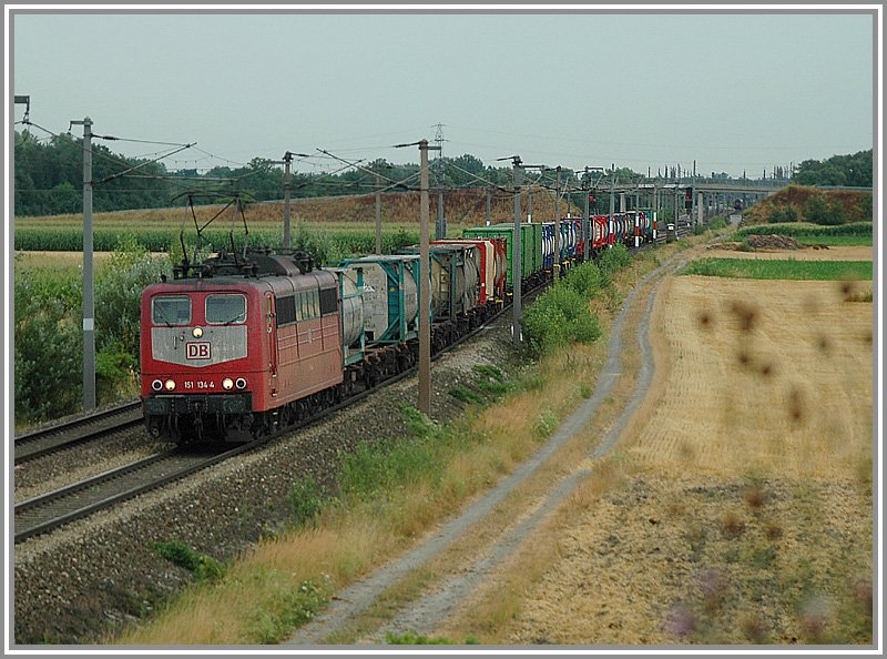 Sehr hufig in sterreich zu sehen - Lokomotiven der DB Baureihe 151. Auf dem Foto 151 134 mit ihrem Gterzug kurz nach Wampersdorf von Wien ZvB kommend Richtung Ebenfurth.