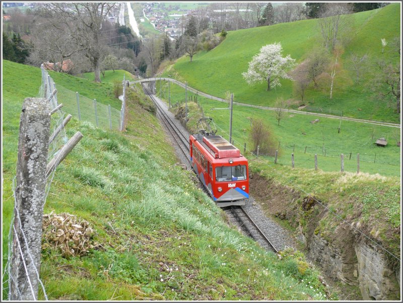 Seit 1896 verbindet die Bahn Rheineck 405m /m. an der SBB Strecke mit Walzenhausen 672m /M. Auf nur 1.96km berwindet
dir Zahnradbahn (System Riggenbach) die Hhendifferenz von 267m.
Die Bahn wurde ursprnglich als Standseilbahn mit Wassergewichtsbetrieb erffnet mit anschliessender normalspuriger Tramstrecke von der Talstation zum SBB Bahnhof Rheineck. 1958 wurde die ganze Strecke umgebaut auf gemischten Adhsions- und Zanradbetrieb. Unten im Tal ist die Autobahn und der alte Rhein zu sehen. Links davon  befindet sich Rheineck und rechts Gaissau (A) (14.04.2008)