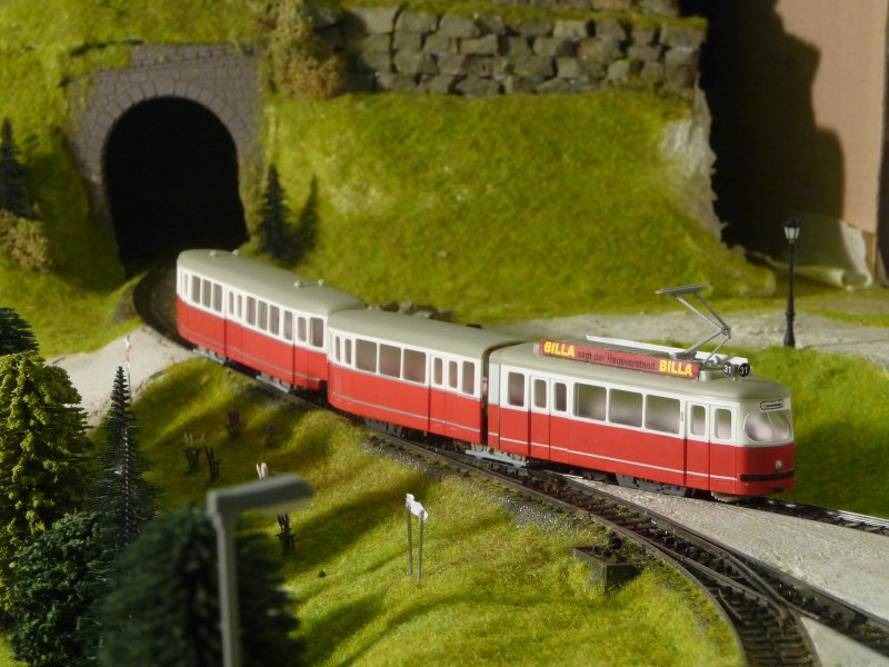 Seit dem 15.12.2008 ist der Straenbahnelektrotriebwagen E1 (Wiener Straenbahn) mit einem Beiwagen, den C3, auf meiner Anlage zu Testzwecken unterwegs. Die Anlage soll spter Drnstein in 1:87 darstellen.(19.12.2008)