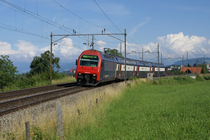 Seit kurzer Zeit werden auf der S 24 Horgen Oberdorf  -Zrich HB keine RBe 540-Pendel mehr, sondern DPZ eingesetzt. Die Re 450 017-9 hat am 25.6.09 Horgen Oberdorf verlassen und macht sich auf den Weg nach Zrich.