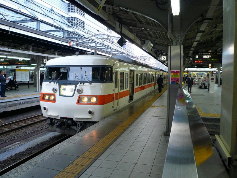 Serie 117: Ein Zug mit Steuerwagen KUHA 116-203 wartet am frühen Morgen im Hauptbahnhof Nagoya auf Abfahrt. 31.Oktober 2008. 