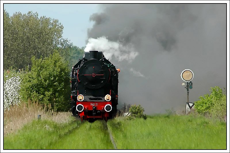 Sieht man auf dem Foto zwar nicht, aber das hier ist das Finale der Dampflokparade in Wolsztyn am 3.5.2008. Ok22-31 f�hrte einen Lokzug an, welcher aus allen 16 Maschinen, die bei der Parade teilgenommen haben, bestand.