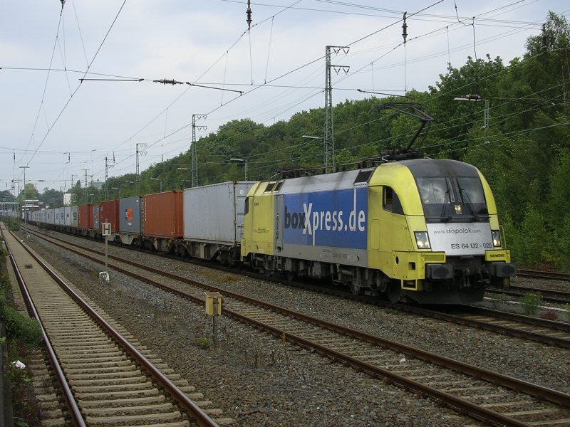 Siemens Dispo ES64 U2-025  boxXpress  (182 525) mit 59078 Containerzug, Durchfahrt in Recklinghausen Hbf. nach Duisburg -Rheinhausen.(26.08.2008) 