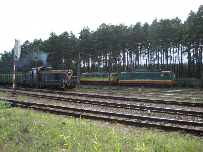 SM42-2119 von der CTL fhrt mit einem Gterzug ,und hinten stehen zwei Loks von der PTKiGK am 01.08.2007 in Bydgoszcz Emilianowo.