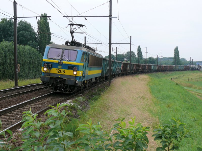 SNCB-Lok 1205 mit einem langen Gterzug auf der grossen Schleife in Ekeren auf dem Weg zum Verschiebebahnhof im Hafen von Antwerpen. Aufgenommen am 12/08/2009.