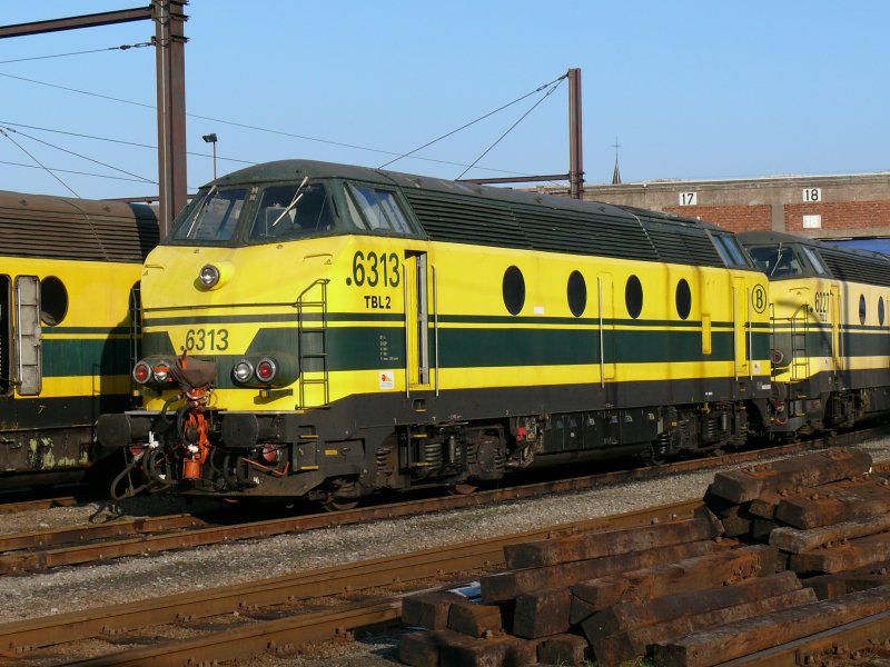 SNCB-Lok 6313 steht abrufbereit im Ltticher Depot Kinkempois. Sie dient hauptschlich fr Abschleppfahrten auf der Linie 2 (Hochgeschwindigkeitsstrecke zwischen Leuven und Bierset)und ist zu diesem Zweck mit dem System TBL2 ausgestattet, sowie einer Hilfskupplung Scharfenberg. Aufgenommen am 28/12/2008.