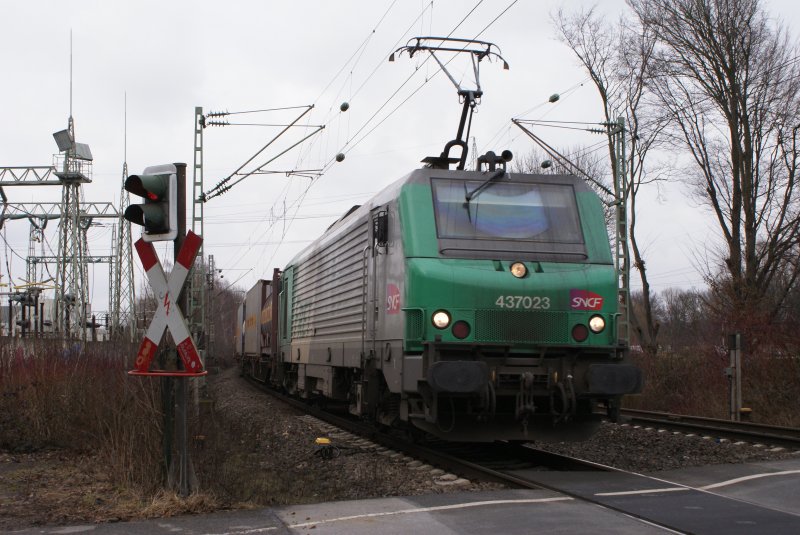 SNCF 437 023 mit Containerzug in Dsseldorf am Km 28,190 am 21.02.2009