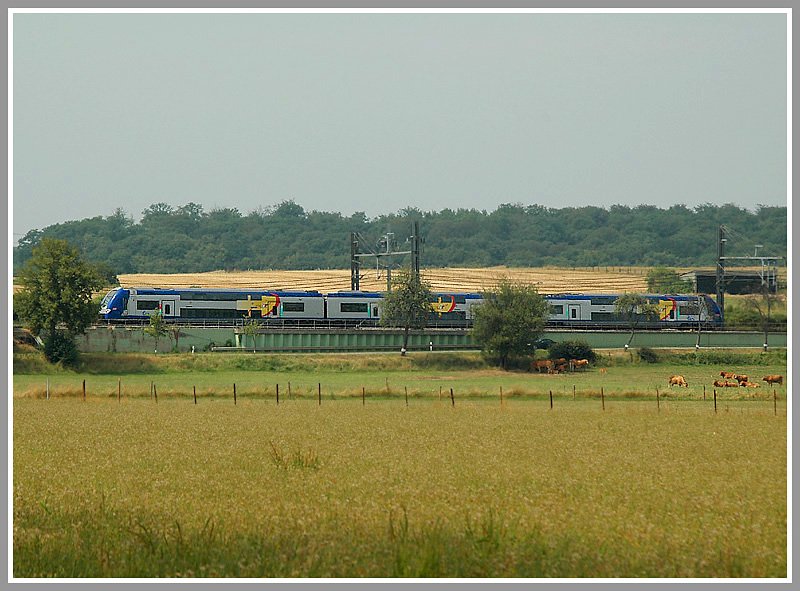 SNCF Garnitur der Reihe Z2Nng auf dem Weg nach Luxembourg. Diese Triebwagen sind bauartgleich der CFL Serie 2200. Die Aufnahme entstand kurz vor Luxemburg Stadt am 27.7.2006.