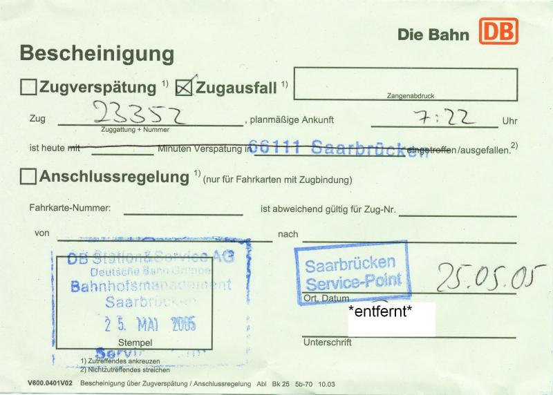 So sieht eine Bescheinigung bder den Zugausfall aus.