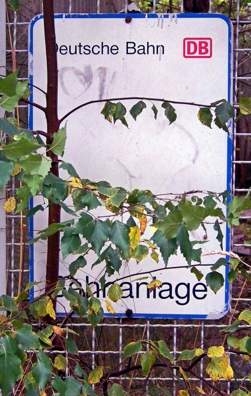 So zugewuchert wie das Schild  Bahnanlage  war auch der Bhf. Klingenthal, Ende August 2009 wurde er vom Unkraut befreit. 4.9.09.
