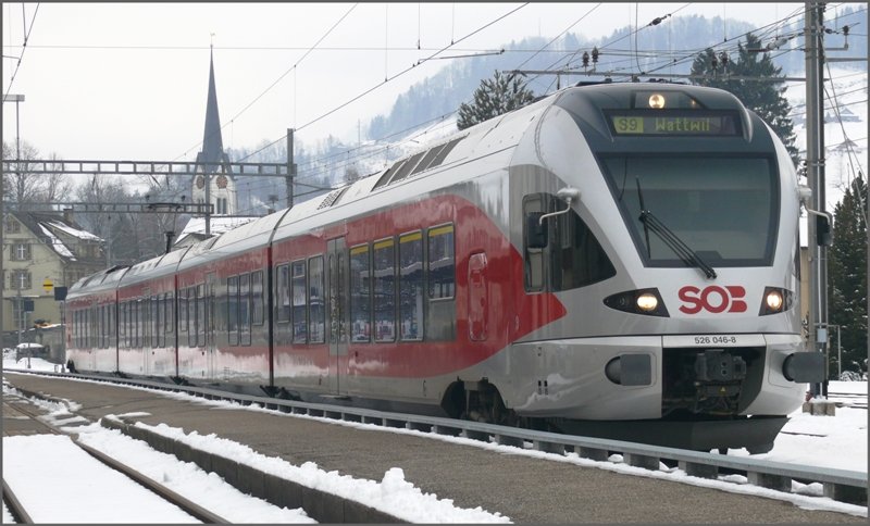 SOB Flirt 526 046-8 (die prot. Version) im Bahnhof Nesslau Neu St.Johann. (29.01.2009)