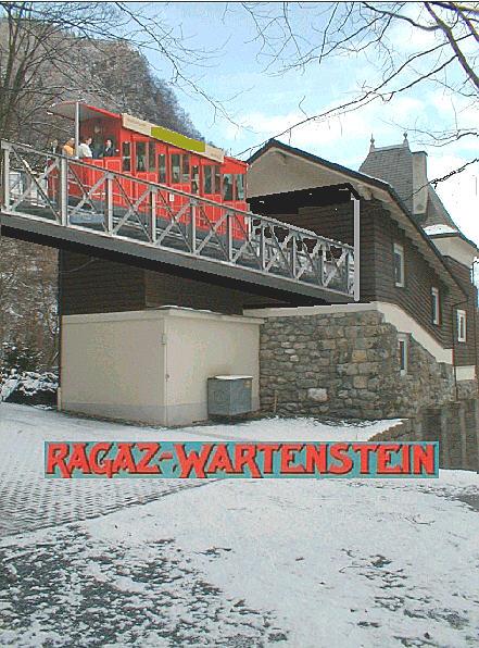 Standseilbahn Bad Ragaz-Wartenstein (1892-1965)Hier habe ich eine Fotomontage probiert,so knnte es ausgesehen haben.Als Fahrzeug nahm ich die  Polybahn ,Standseilbahn in Zrich.Auf alten Fotos hneln sich die Wagen nhmlich.(Archiv P.Walter)