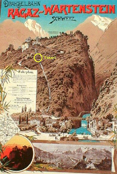 Standseilbahn Bad Ragaz-Wartenstein(1882-1965) Hier abgebildet auf einer alten Ansichtskarte.(Archiv P.Walter) 