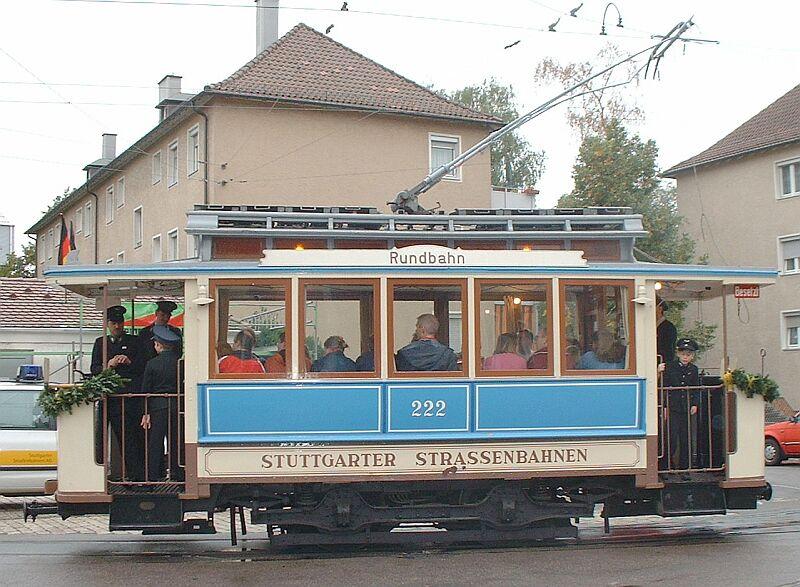 Straenbahn Nr. 222 am 19.09.2004 vor dem Straenbahn-Museum Stuttgart-Zuffenhausen. Baujahr: 1904 Hersteller: Paul Herbrand & Cie, Kln-Ehrenfeld