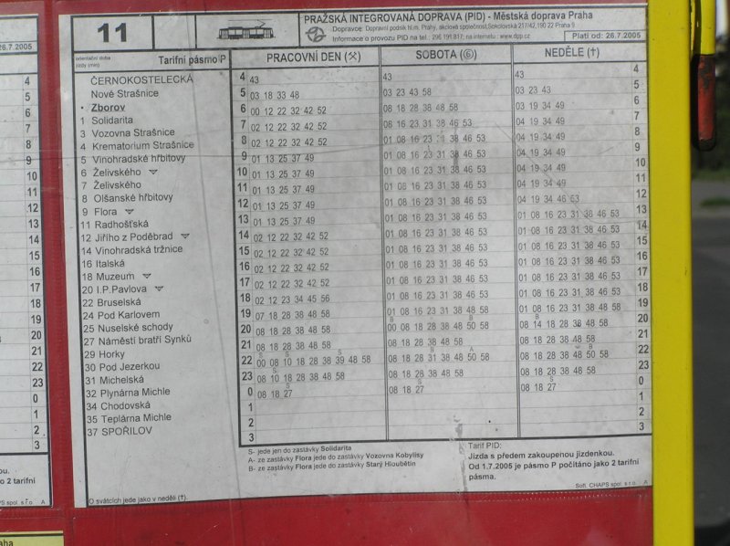Straenbahnhaltestellenaushang in Prag! Auf den Aushngen an jeder Haltestelle sind jeweils die Abfahrtszeiten, die HAltestellen mit Dauer der Fahrzeit und Umsteigemglichkeit zur Metro aufgefhrt! Am Wochenende fahren die Straenbahnen und MEtro fter als werktags! Und die Supermrkte haben auch am Sonntag auf :) 
