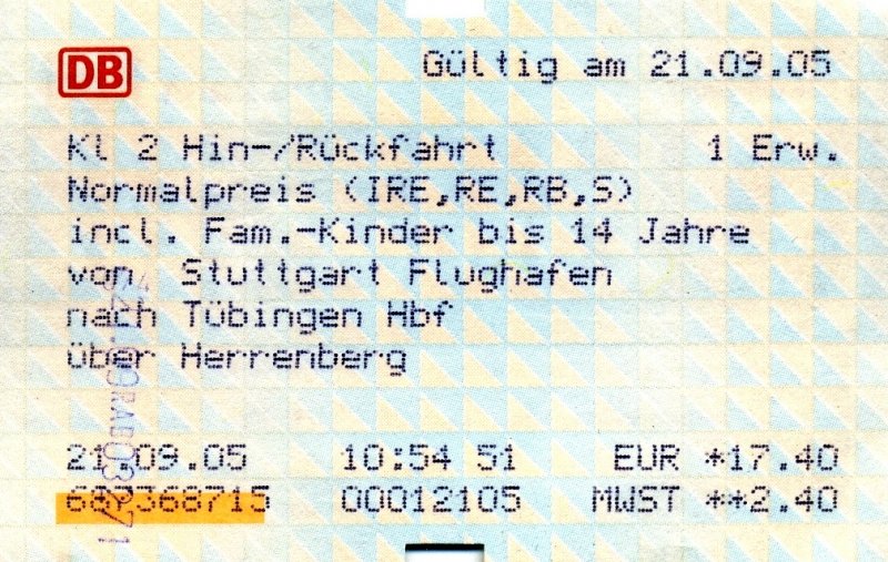 STUTTGART, 21.09.2005, Fahrkarte von Stuttgart Flughafen nach Tübingen Hbf und zurück, gelöst am 21.09.2005 am Automaten im S-Bahnhof Stuttgart Flughafen -- Fahrkarte eingescannt