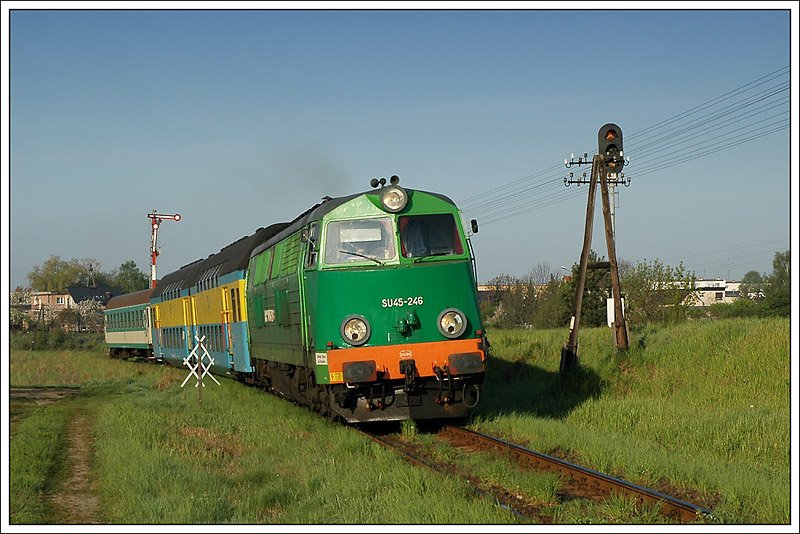 SU45-246 mit dem Z 77425 von Wolsztyn nach Poznan mit rund 45 Minuten Versp�tung zwischen Steszew und Trzebaw Rosnowko am 2.5.2008 aufgenommen. Der Versp�tung haben wir es �berhaupt zu verdanken, dass wir diesen Zug fotografieren konnten.