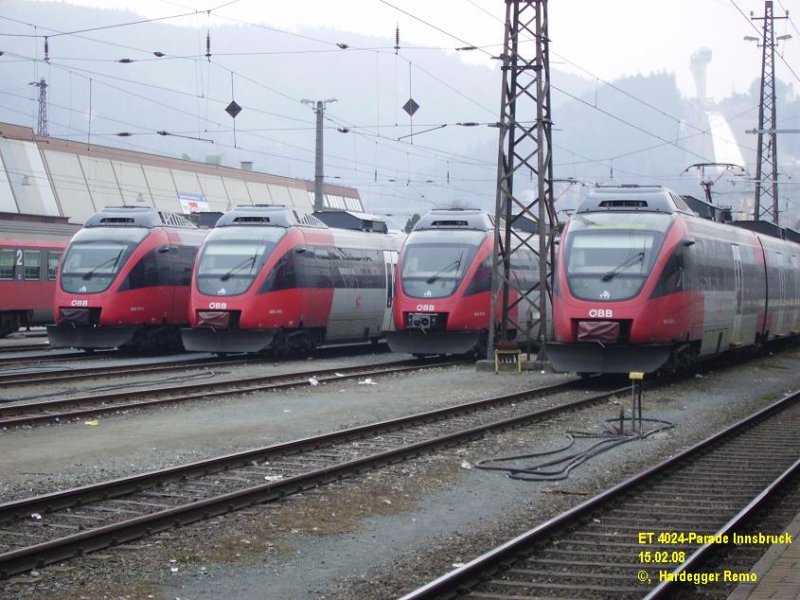 Talent-Parade im Innsbrucker Hauptbahnhof. Gleich vier ET 4024 des VVT (VerkehrsVerbundesTirol) sind in Reih und Glied aufgestellt.
15.02.08