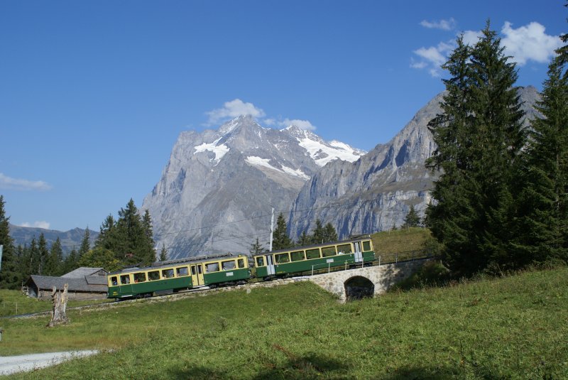 Talwrts fahrender Triebzug der Wengernalpbahn passiert am Nachmittag des 16. Septembers 2007 diese Stelle oberhalb der Station Brandegg. Im Hintergrund das Wetterhorn.