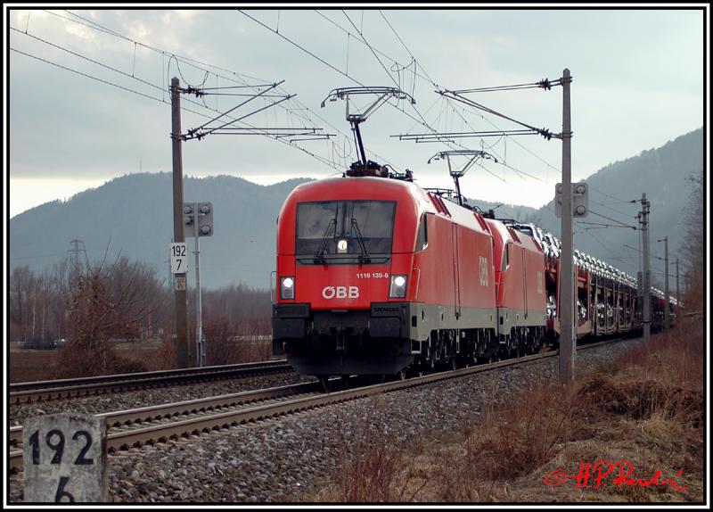 Taurustandem mit einem Autoganzzug am 21.2.2006 auf dem Weg nach Deutschland kurz vor dem Bahnhof Peggau-Deutschfeistritz