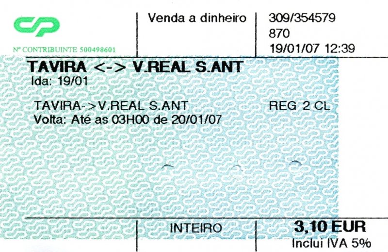 TAVIRA (Distrikt Faro), 19.01.2007, ein Fahrschein für eine Person von Tavira nach Vila Real de Santo António und zurück, gelöst am Bahnhof Tavira -- Fahrkarte eingescannt