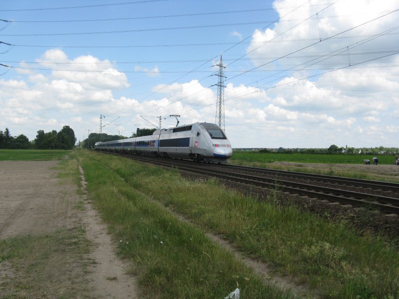 TGV 9553 von Paris Est nach Frankfurt(Main)Hbf.Am 30.05.09 bei der durchfahrt in Lampertheim.
