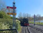 Die Fl�gelsignale vom Bahnhof Brugelette der Schmalspurbahn in Pairi Daiza. Im Hintergrund hat die WKP Ty 3471 Einfahrt.