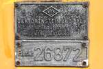 Fabrikschild der SDP O&K Lok Type MB 200 N (ex Degussa Antwerpen N.V.,) am 26.Juli 2026 in Baasrode-Noord.