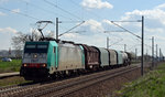 186 199 fuhr mit einem kurzen Güterzug am 08.04.16 durch Rodleben Richtung Magdeburg.