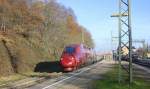 Der Thalys aus Essen-Hbf-Paris(F) kommt durch Stolberg-Rheinland-Hbf aus Richtung Köln und fährt in Richtung Eilendorf,Aachen-Rothe Erde,Aachen-Hbf bei sonnigenwetter am Kalten 29.11.2014.