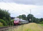 Thalys 4331 kommt von Aachen am 14.7.2015 auf der KBS 485, im Gegenlicht bei Frelenberg Km 25.8.