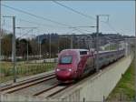Der PBKA Thalys 4301  fliegt  in der Nhe von Thimister-Clermont ber die Hochgeschwindigkeitsstrecke aus Aachen kommend, in Richtung Lttich an mir vorbei.
