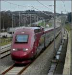 Der PBKA Thalys 4301 donnert am 20.03.2011 in der Nhe von Thimister-Clermont ber die Hochgeschwindigkeitsstrecke  Ligne 3  in Richtung Lttich.