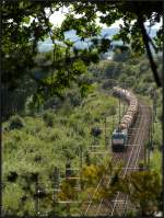 Unterwegs auf der Montzenroute bei Gemmenich.Die belgische Cobra (2843) mit einen   Kesselwagenzug am Haken passt sich den Naturfarben der Umgebung an.