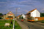 SNCV Tw 9175 am Ortsausgan von Courcelles mit FAhrtziel Trazegnies, 16.06.1987. 