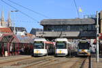 Belgium, Coastal tramline Knokke - Oostende - De Panne  Tramways 6047, 6043 and 6018 waiting for departure  Oostende station  22/8/2015