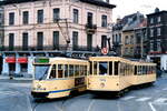 Brussels, Belgium
Preserved MTUB tram 1376 and trailer 102 a special tour, alongside STIB tram 7036 on a regular service on line 58
Place Verboekhoven
19/3/1989