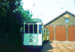 Tramsite Schepdaal__Tram-Museum im fr�heren, bis 1970 genutzten Depot Schepdaal in der Gemeinde Dilbeek westlich Br�ssel. Tw 378  als Linie 4 zum 'Koornmarkt'.__13-08-1974