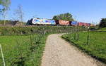 186 297-8  Aachen  von der Rurtalbahn-Cargo kommt aus Richtung Aachen-West und fährt die Gemmenicher-Rampe hoch mit einem langen KLV-Containerzug aus Frankfurt-Höchstadt am Main(D) nach