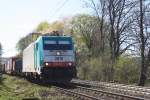 Die Cobra 2815 kommt mit einem gemischten Containerzug aus Montzen/Belgien rollt die Rampe am Gemmenicher-Weg  hinab in Richtung Aachen-West bei schnem Sonnenschein.