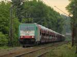 Cobra 186 202 (2810) kmpft sich am 09.05.2011 mit einem langen Autozug die Rampe der Montzenroute von Aachen West nach Belgien hoch.