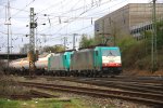 Zwei Cobra 2820 und 2843 kommen mit einem sehr langen Kesselzug aus Belgien und fahren in Aachen-West ein bei Wolken am 31.3.2012.